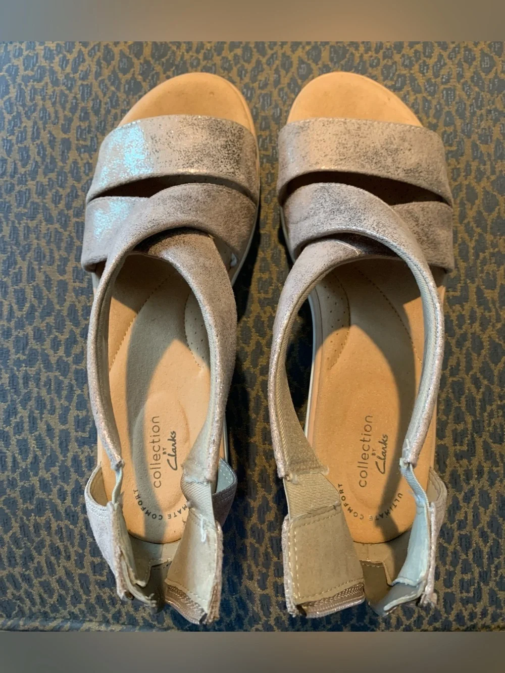 Clarks golden gray chrome suede wedge sandals